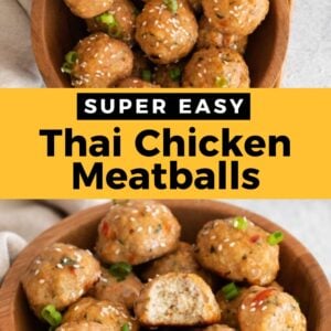 thai chicken meatballs in a bowl with the text super easy thai chicken meatballs.