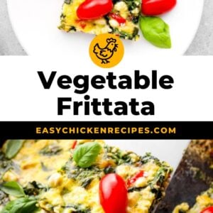 vegetable frittata on a plate with tomatoes and spinach.