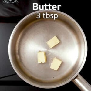 melting butter in a saucepan overlaid with text "butter 3 tbsp".