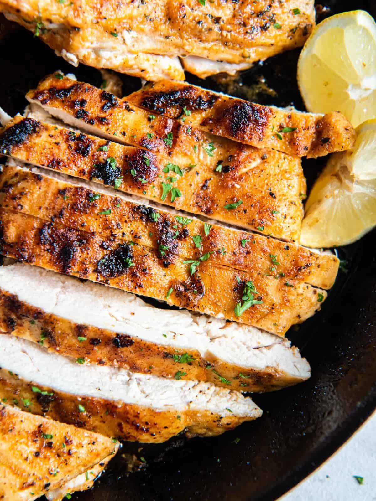 pan fried chicken breasts cut into thin slices