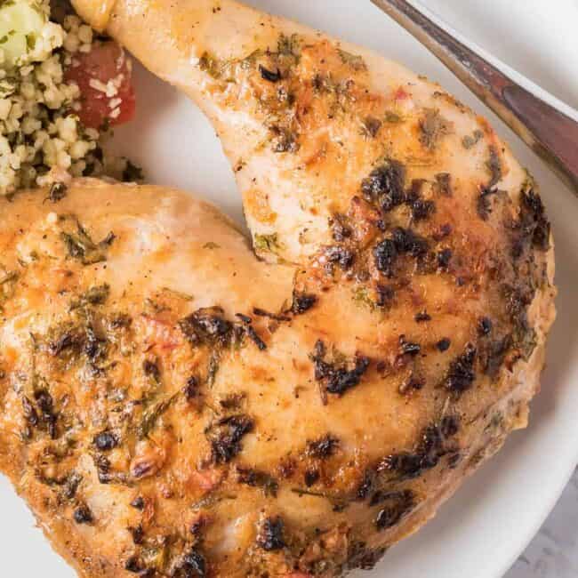 up close image of yogurt marinated chicken on plate