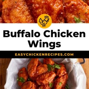 Buffalo chicken wings with the text easy chicken recipes.