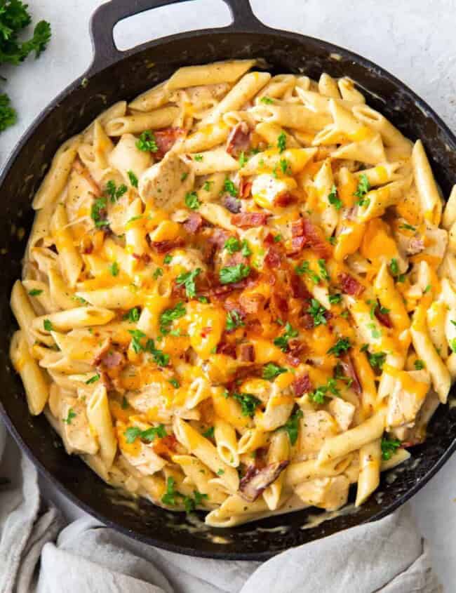 crack chicken pasta in a cast iron skillet