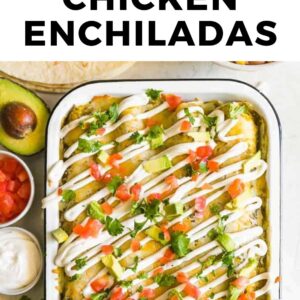 Healthy chicken enchiladas on a white plate.