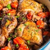 Roasted chicken with mushrooms and tomatoes in a pan.