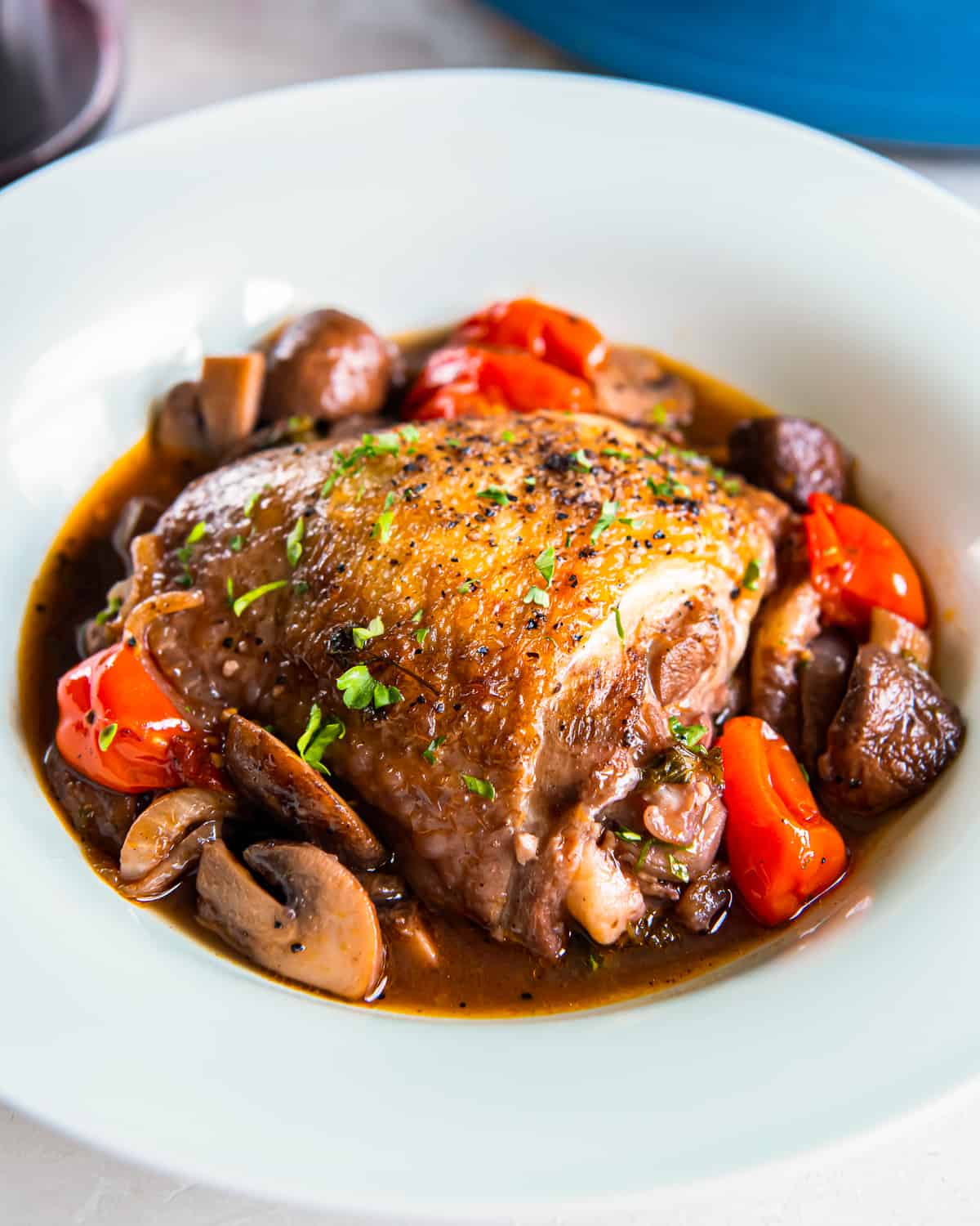 A bowl filled with chicken quarters in a sauce of red wine, mushrooms, and tomatoes.