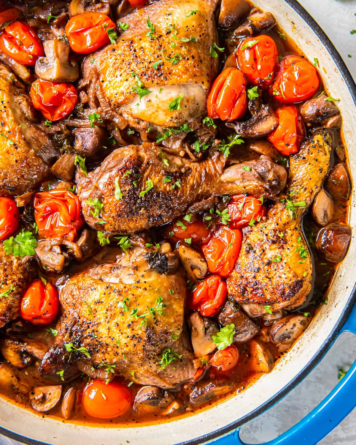 a pan of chicken chasseur (hunters chicken).