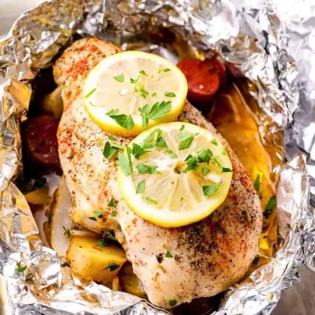 baked lemon foil packet on sheet pan