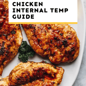 Chicken breasts on a white plate with the cooking guide exhibiting the internal temp.