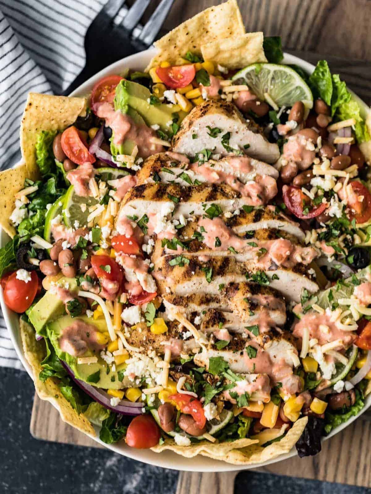 overhead view of chicken taco salad in bowl