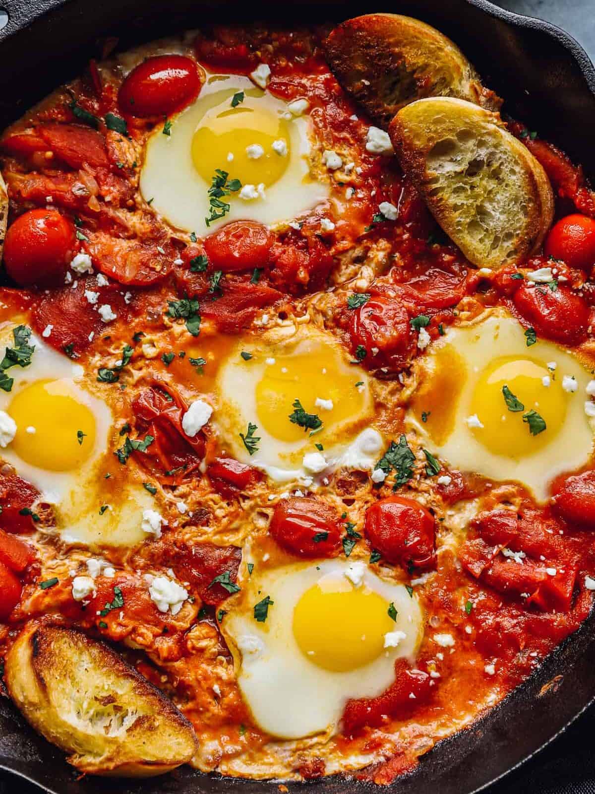 close up view of shakshuka in a cast iron skillet.