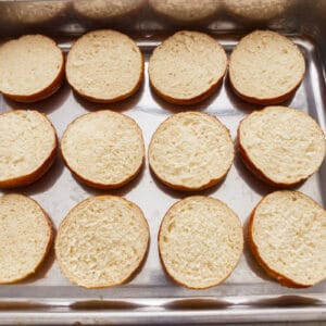 Sliced bread in a baking pan.