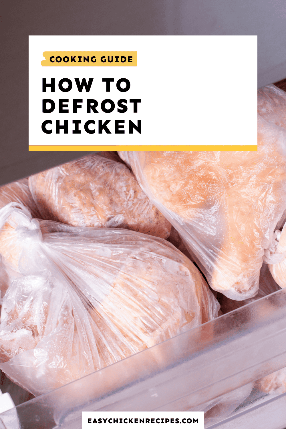 frozen chicken wrapped in bags, with text overlay that reads: how to defrost chicken.