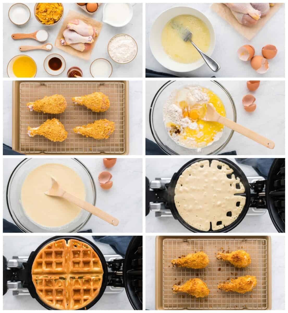 A collage of pictures showing how to make chicken waffles.