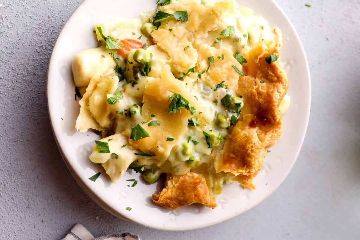 A serving of chicken pot pie.