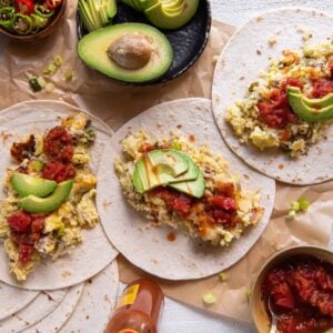 breakfast burritos with eggs and avocado.