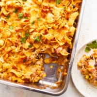 Mexican casserole in a baking dish.