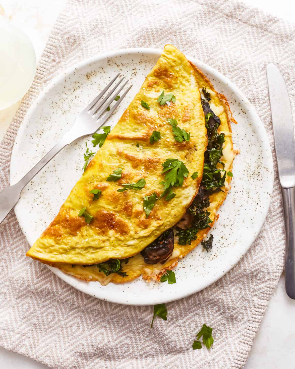 A plate with an omelet on it.