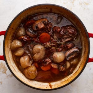 A pot of stew with meat and vegetables in it.