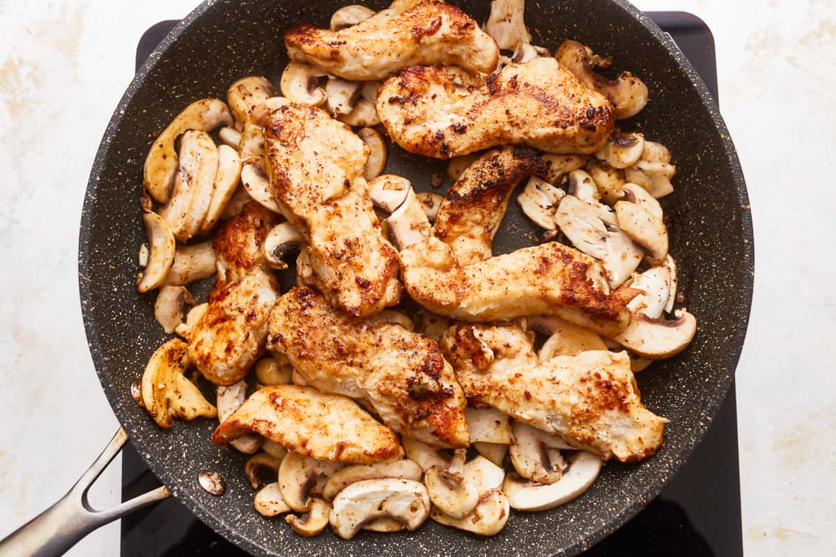 Chicken and mushrooms in a frying pan.