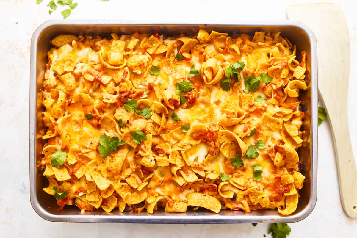 Mexican chicken casserole in a baking dish.