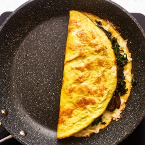 An omelet in a skillet on a plate.
