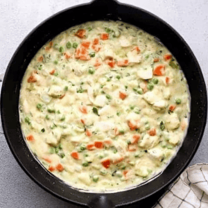 chicken pot pie filling in a pan.