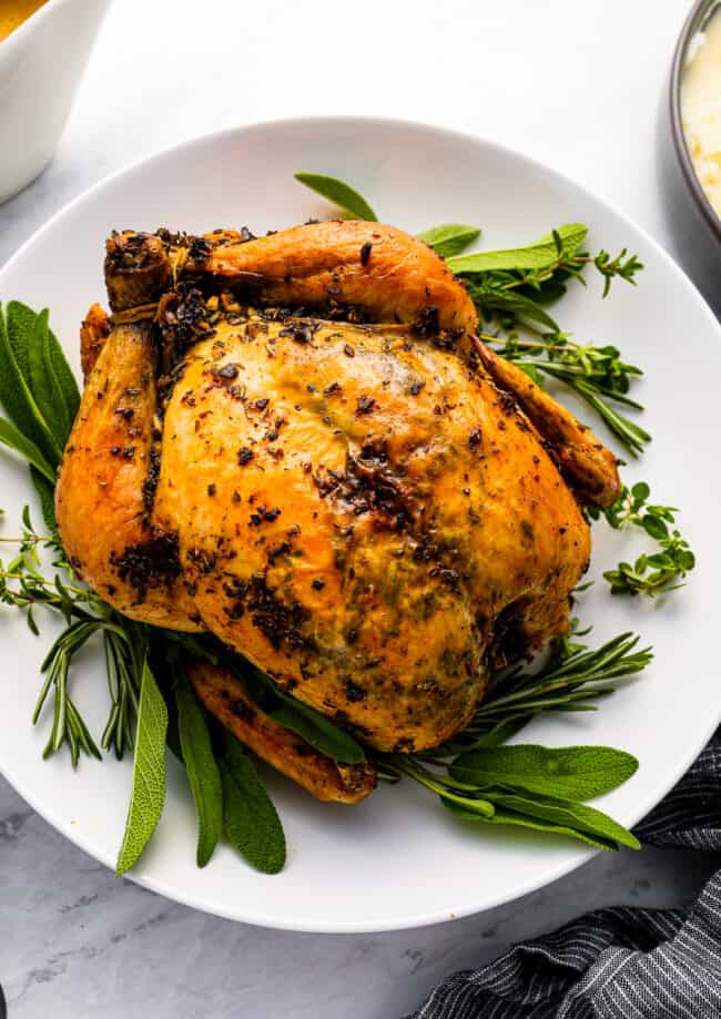 Roasted chicken on a plate with gravy and sprigs of thyme.