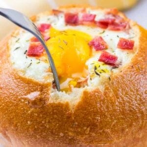 breakfast bowl with eggs and bacon