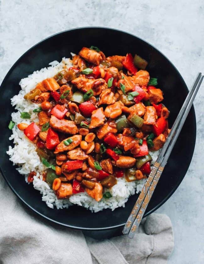 Flat lay photo of a bowl with Kung Pao Chicken