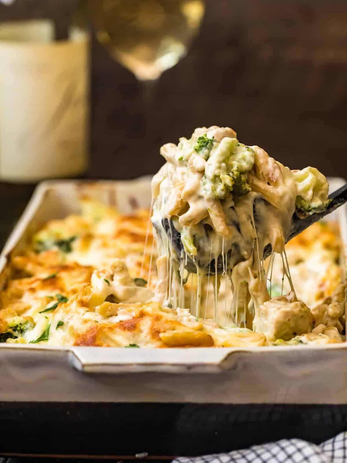 cheesy pasta pulled from dish