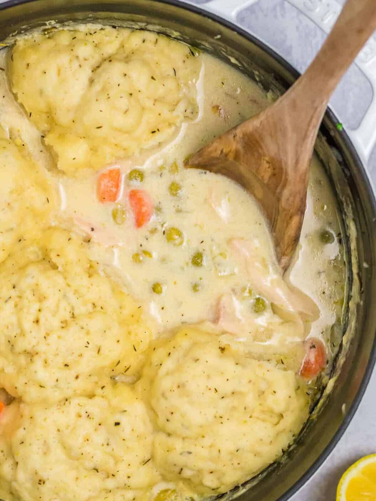 Chicken and dumplings in a pot with a spoon