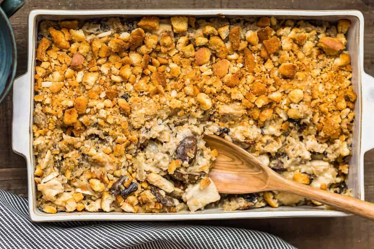 overhead image of casserole dish filled with chicken wild rice casserole