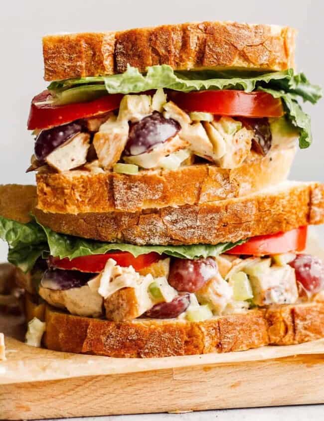 up close image of panera napa almond chicken salad sandwiches