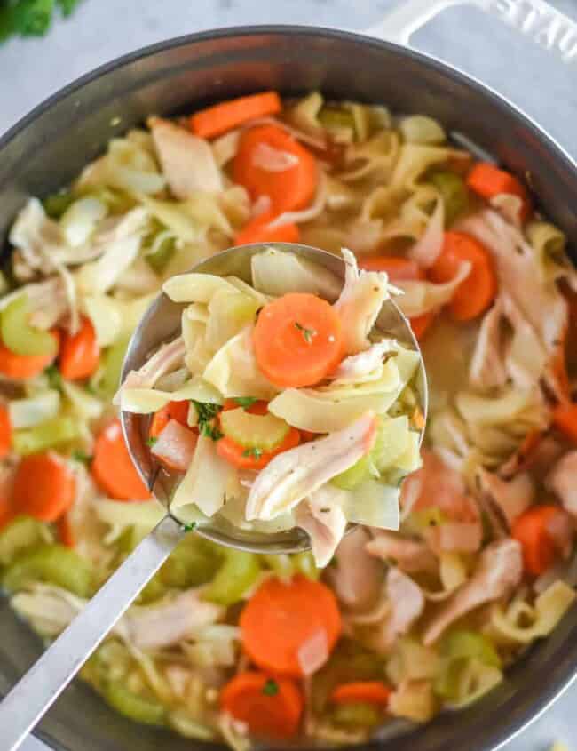 scoop of chicken noodle soup over pot