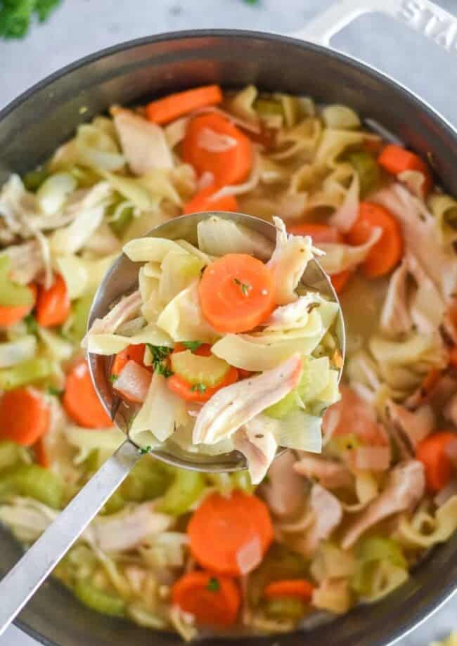 scoop of chicken noodle soup over pot