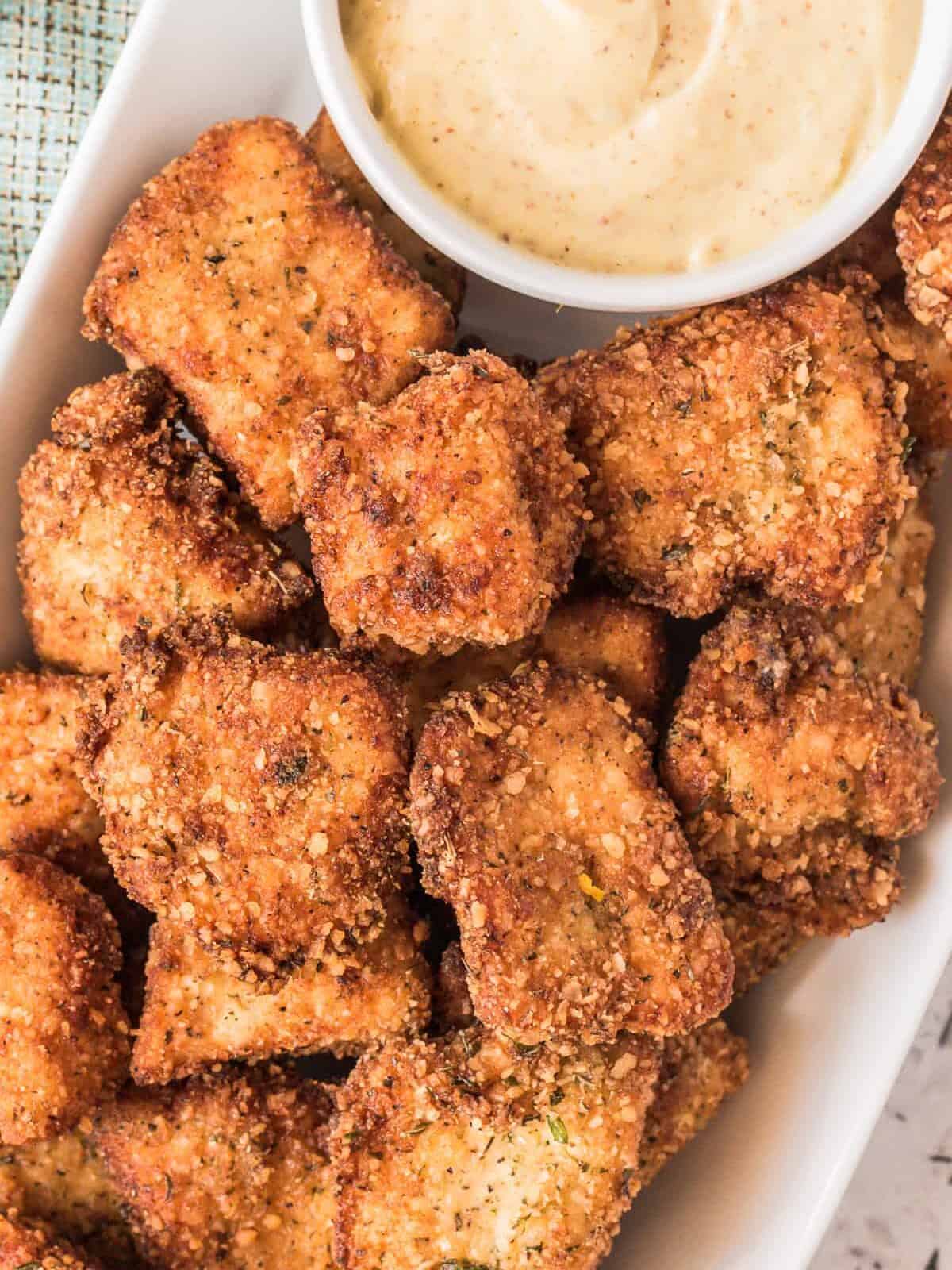 overhead image of homemade chicken nuggets on platter