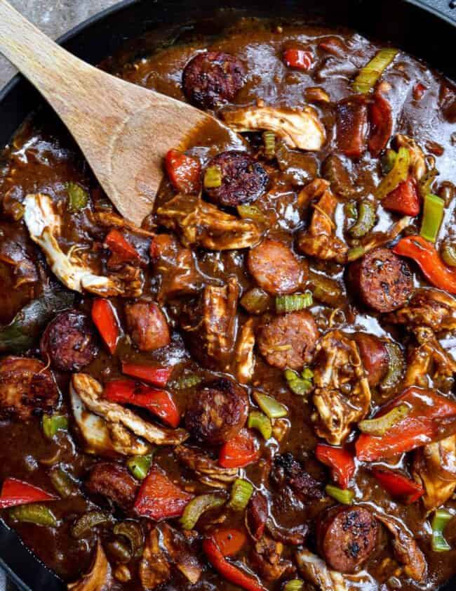 chicken and sausage gumbo in skillet