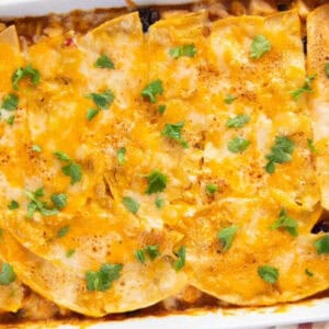 overhead view of a baked cowboy chicken casserole topped with cilantro.