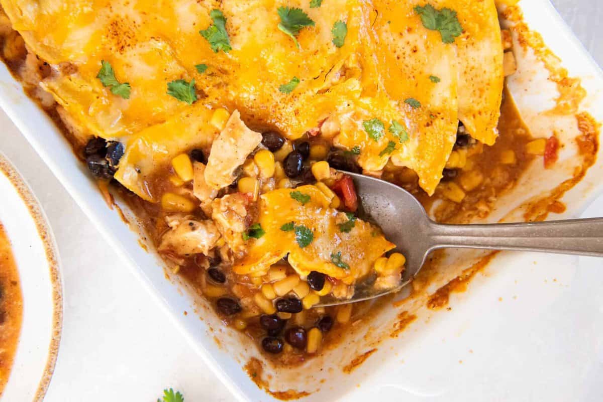 casserole made with chicken, corn, beans, and tortillas