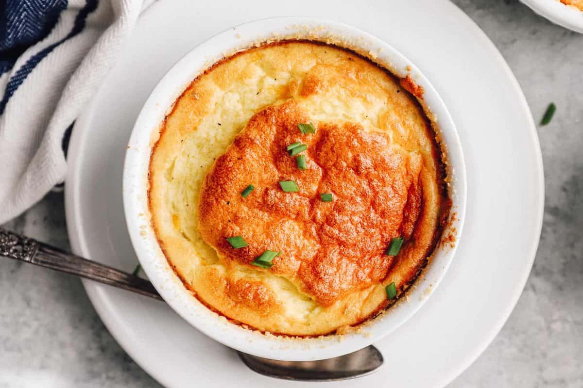 close up on a ham and cheese egg souffle