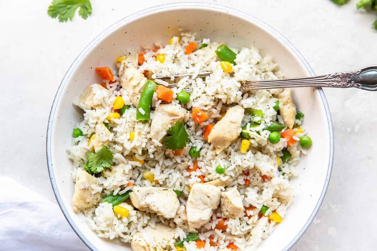 instant pot chicken and rice in a white bowl