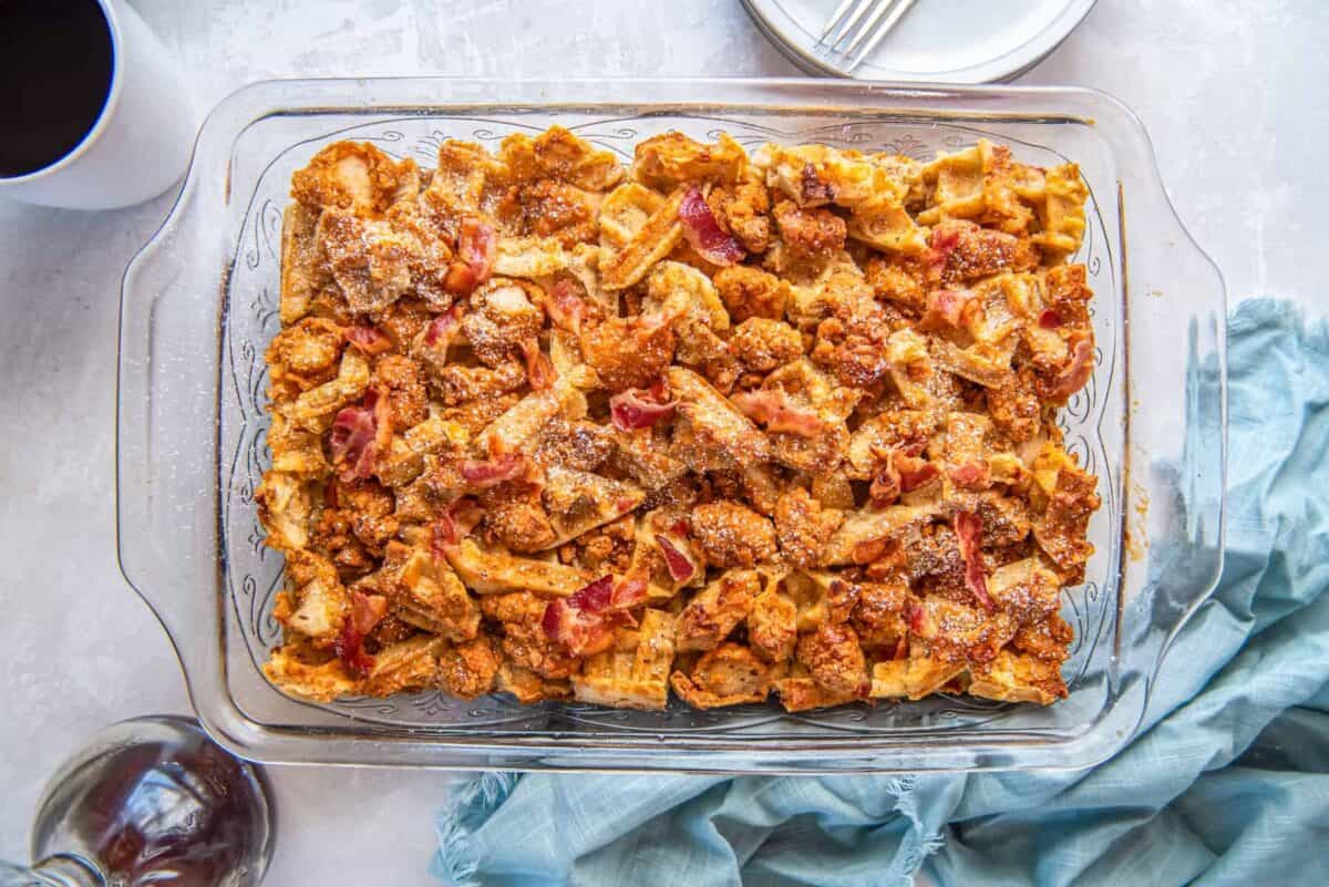 overhead view of chicken and waffle casserole in a glass rectangular baking pan.