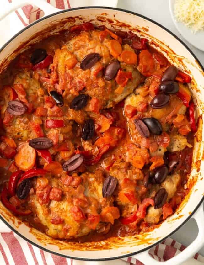 up close image of chicken cacciatore in dutch oven