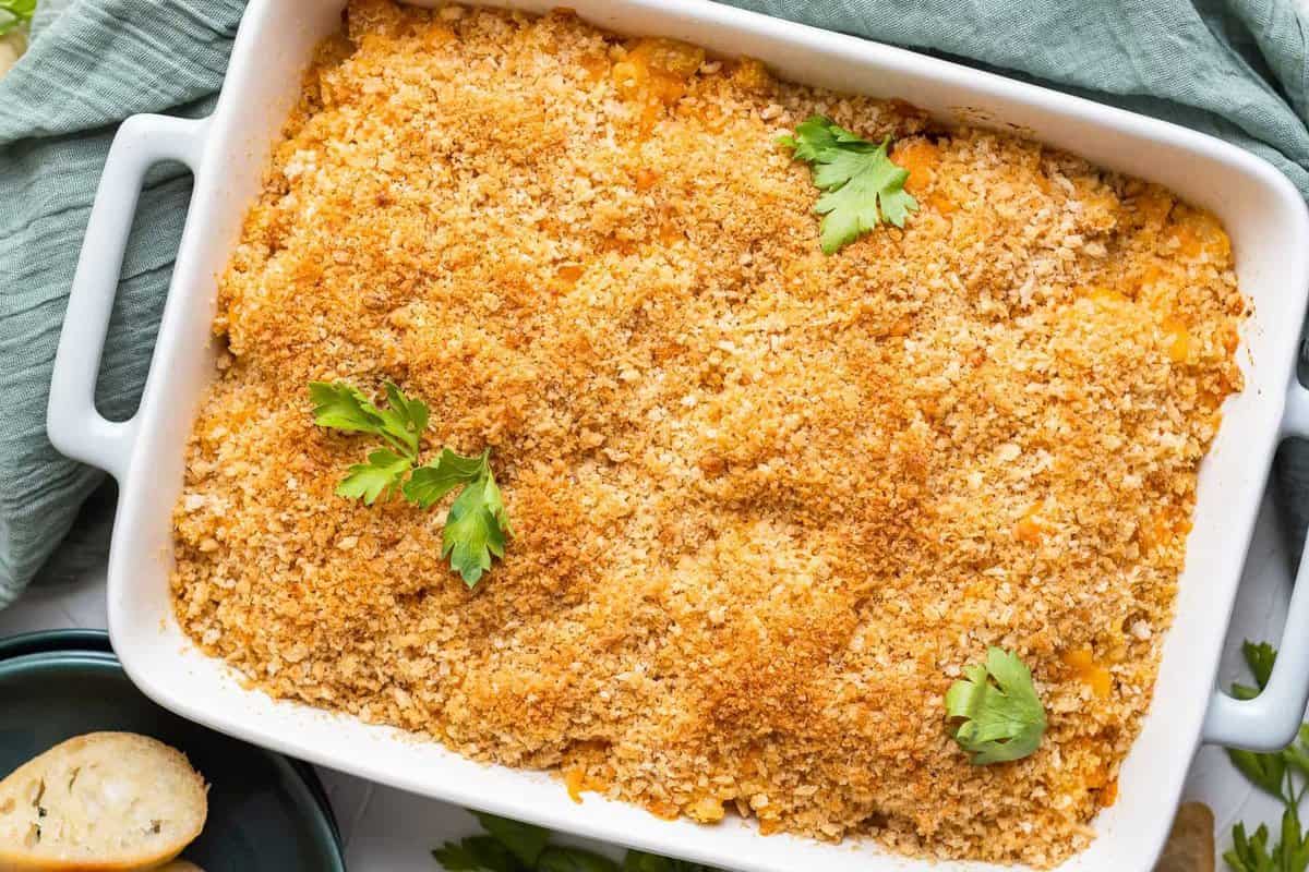 baked chicken mac and cheese in casserole dish