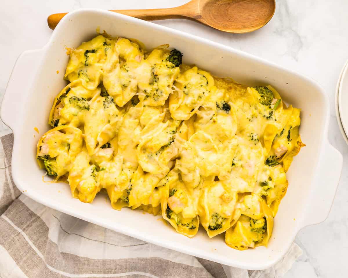 overhead view of chicken and broccoli stuffed shells in a white casserole dish.