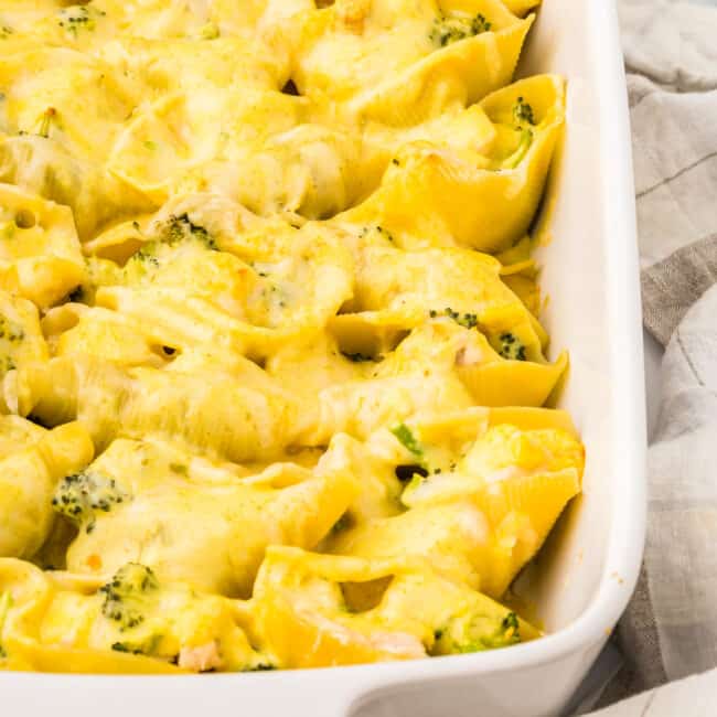 close up view of chicken and broccoli stuffed shells in a white casserole dish.