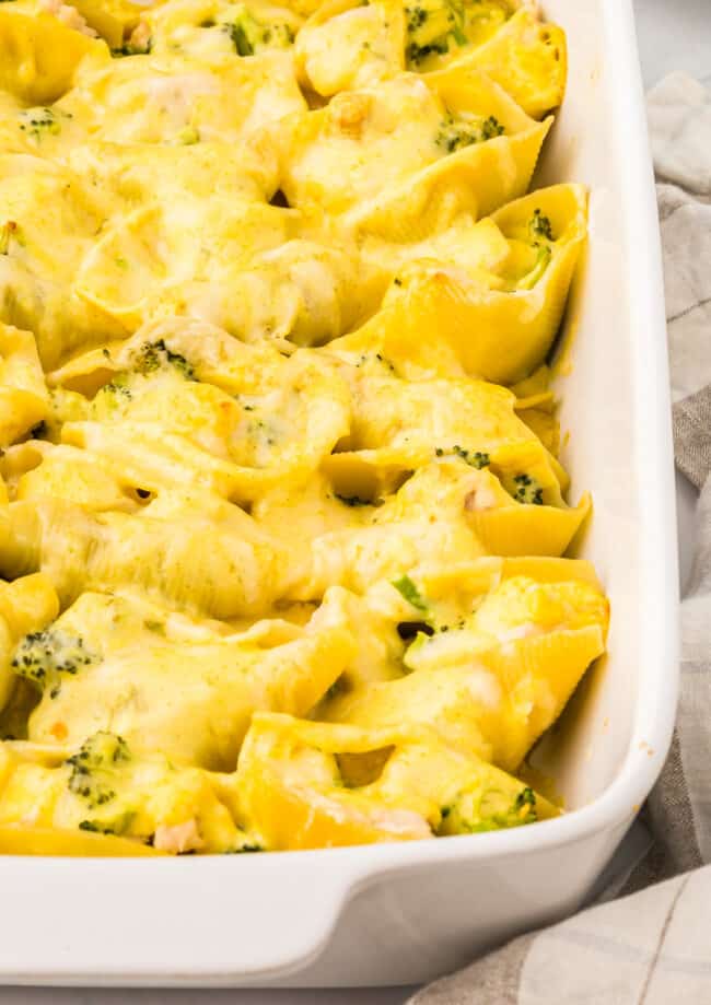 close up view of chicken and broccoli stuffed shells in a white casserole dish.
