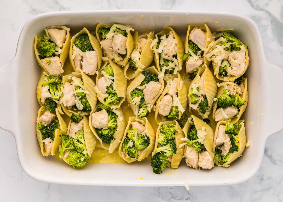 chicken and broccoli stuffed shells in a white casserole dish without sauce.