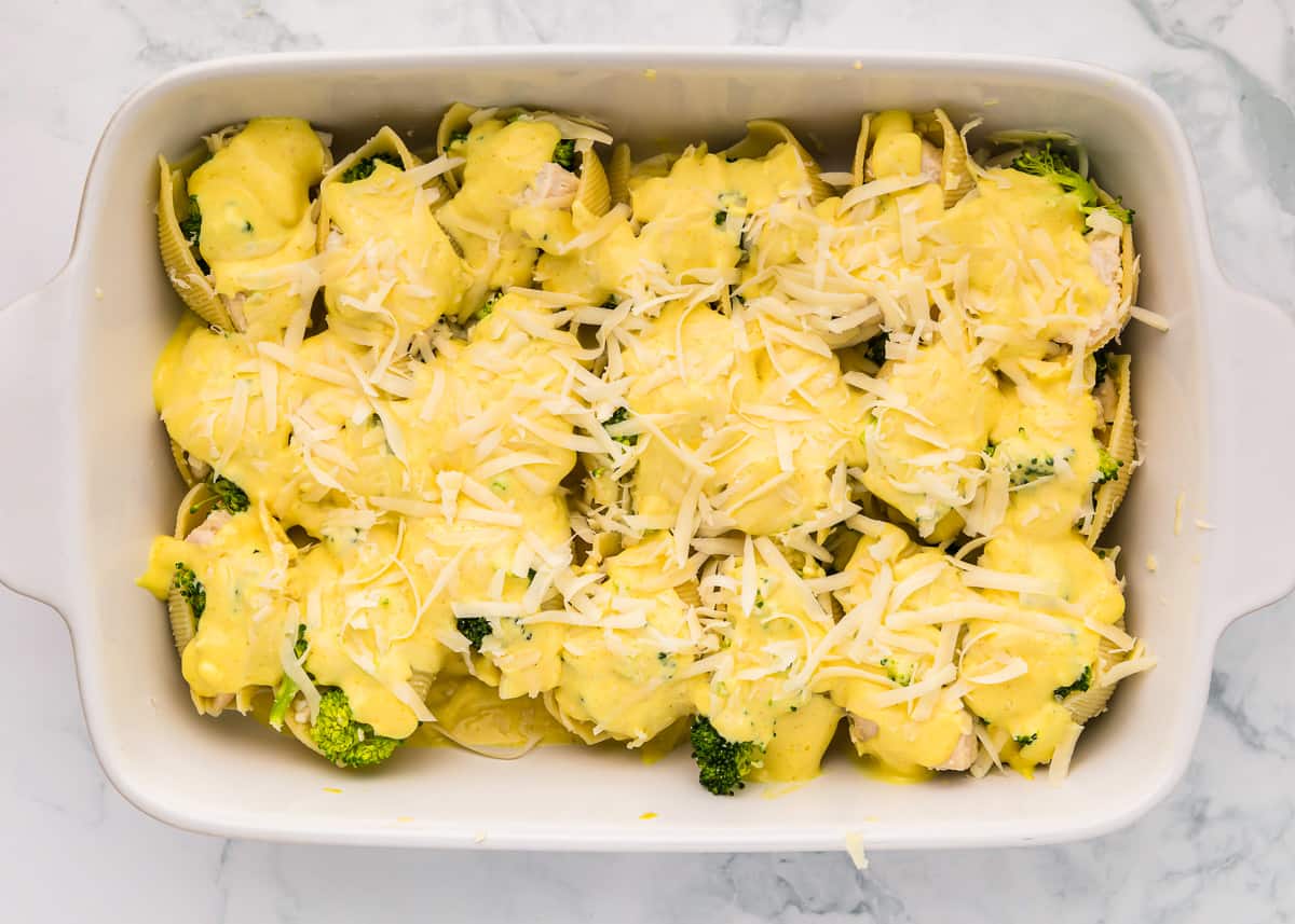 sauce and cheese coated chicken and broccoli stuffed shells in a white casserole dish.